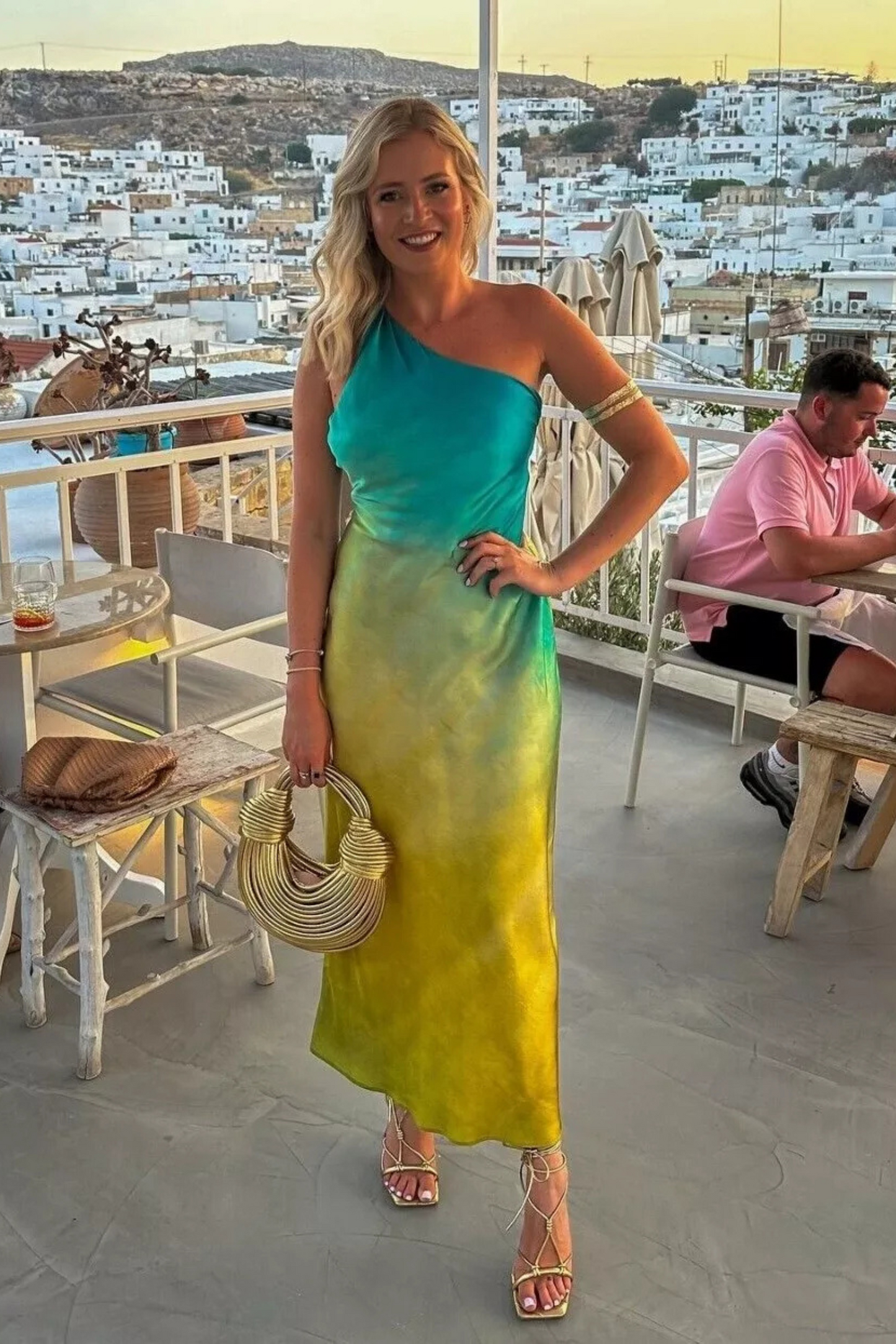 Solana Sunset Ombre One-Shoulder Satin Midi Dress