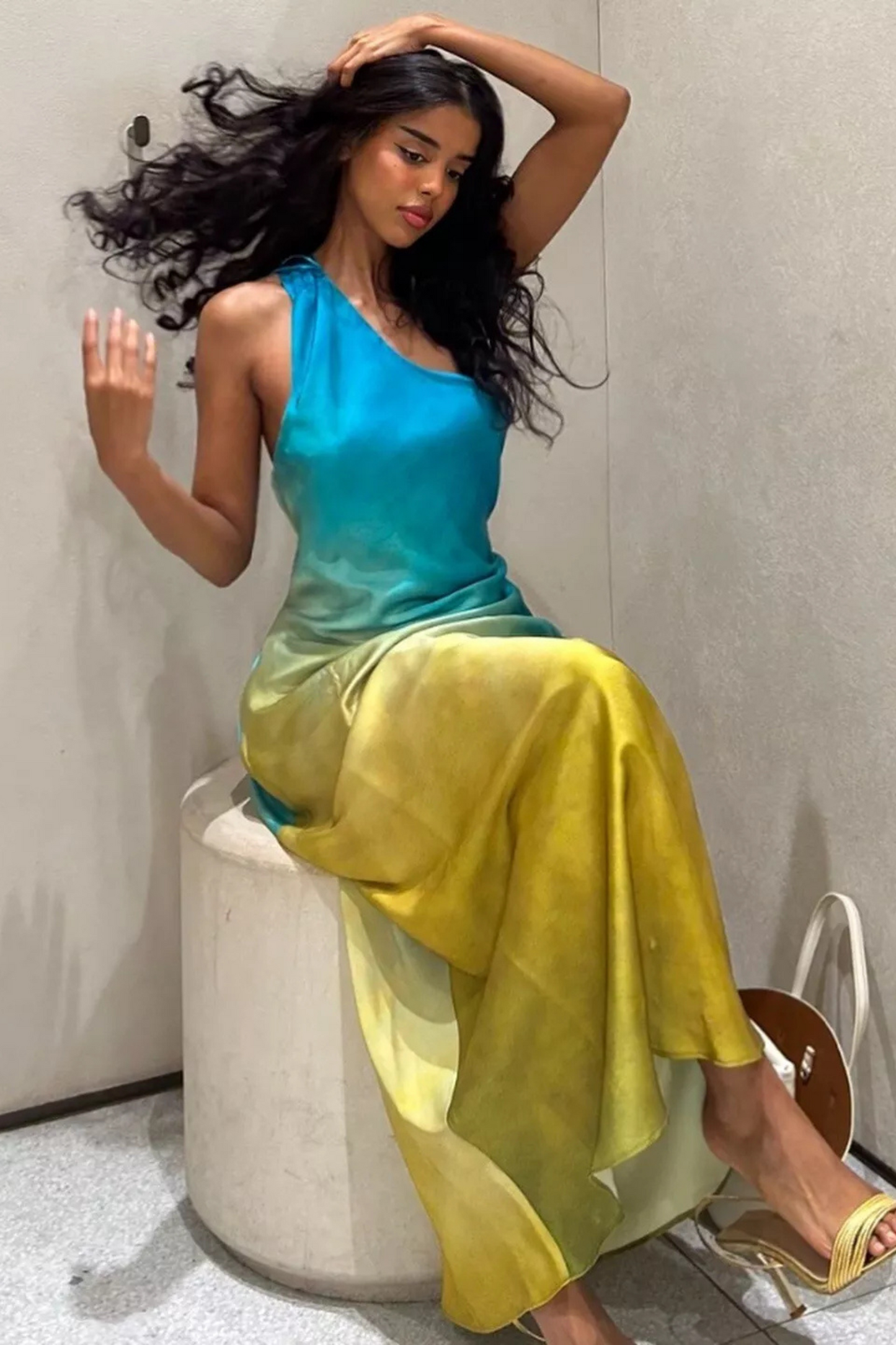 Solana Sunset Ombre One-Shoulder Satin Midi Dress