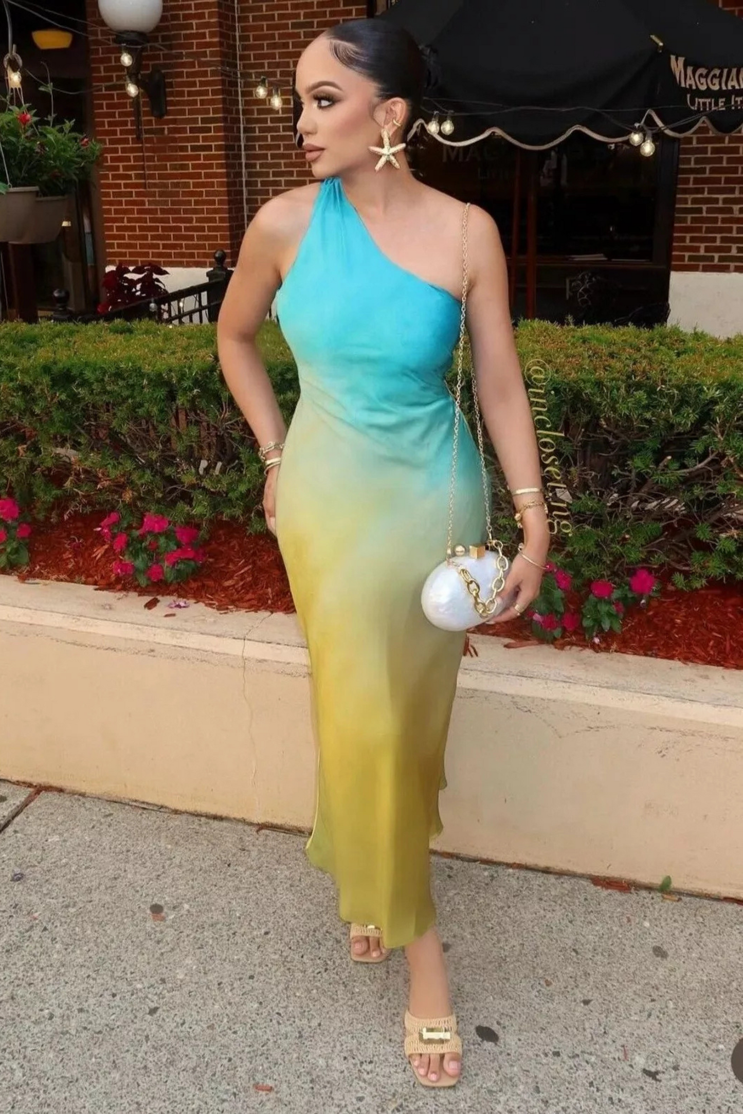 Solana Sunset Ombre One-Shoulder Satin Midi Dress