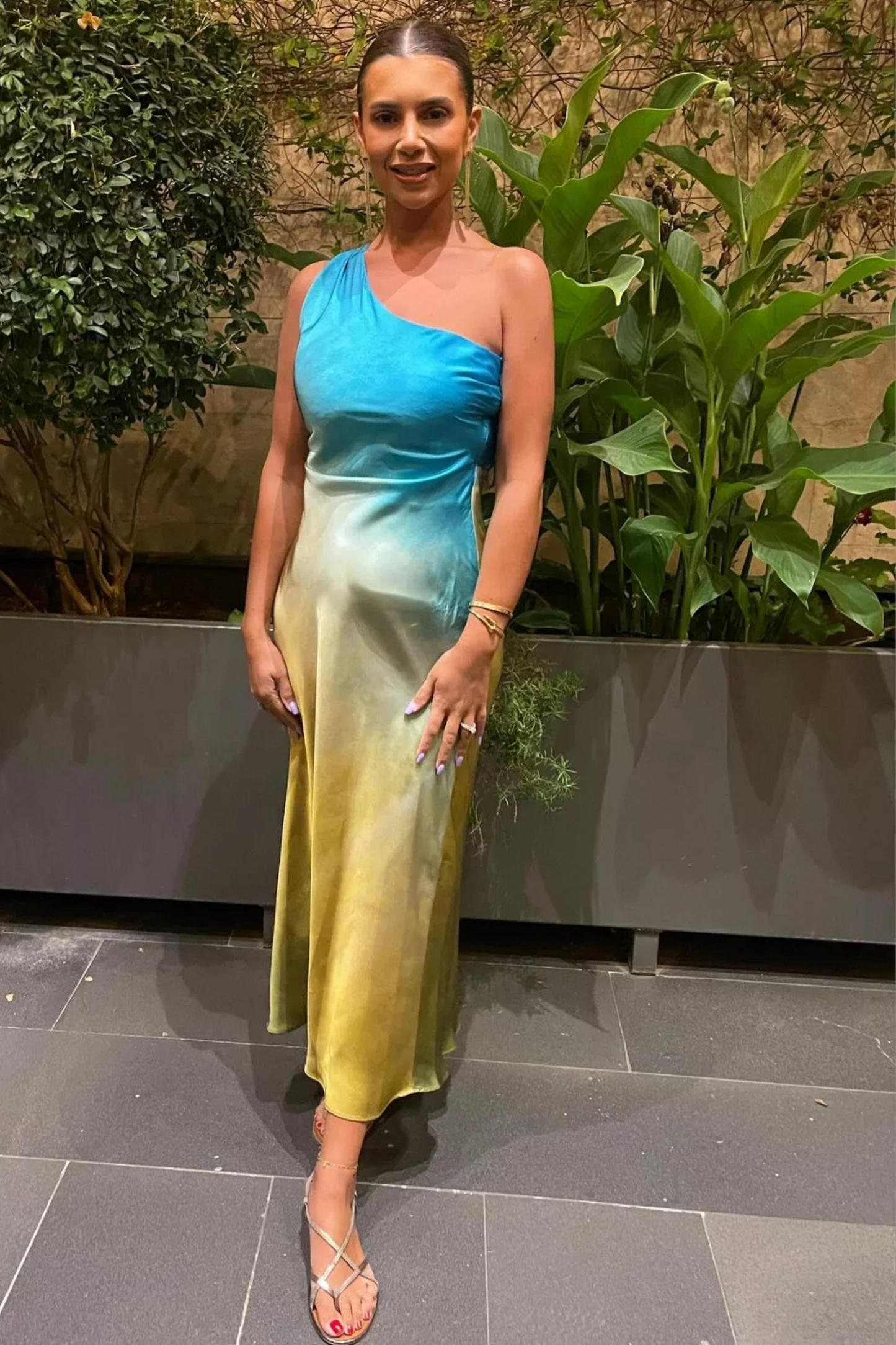 Solana Sunset Ombre One-Shoulder Satin Midi Dress
