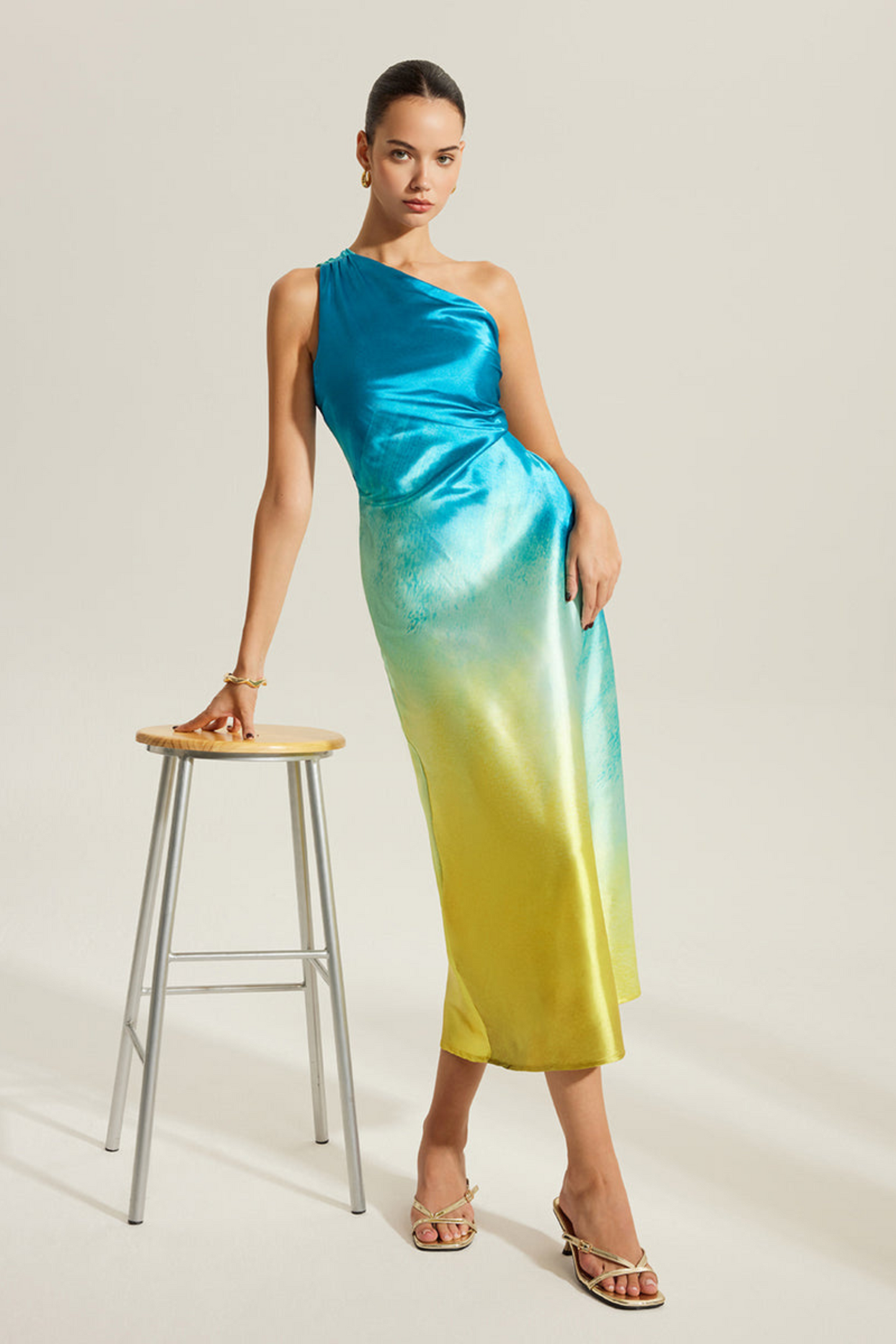 Solana Sunset Ombre One-Shoulder Satin Midi Dress