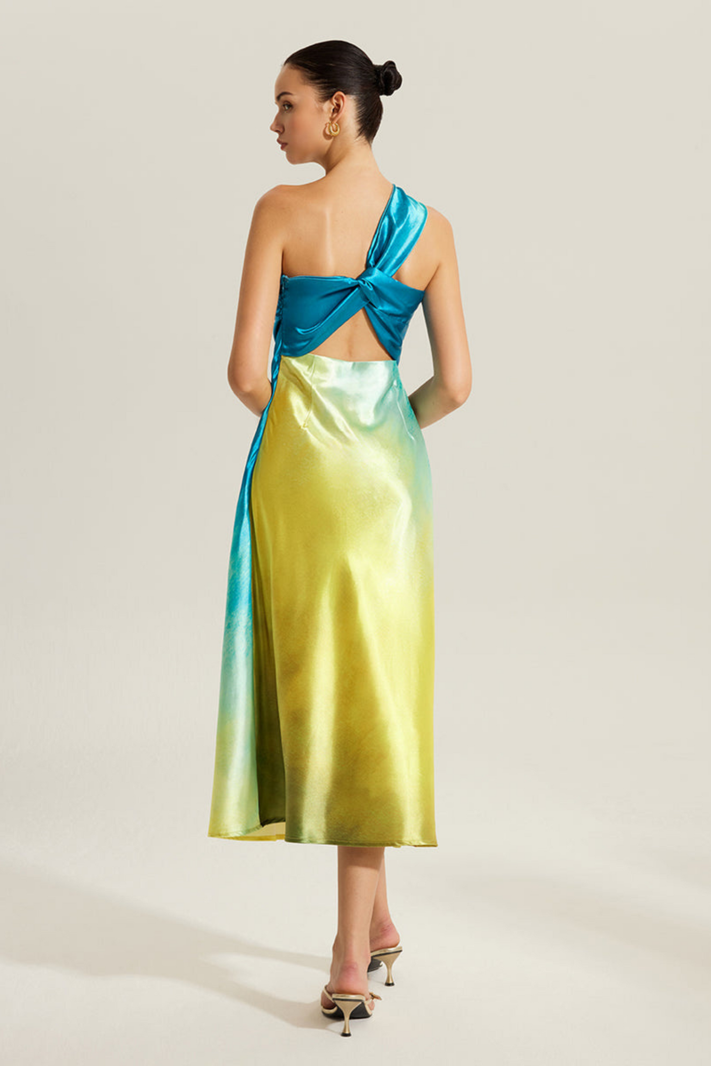 Solana Sunset Ombre One-Shoulder Satin Midi Dress