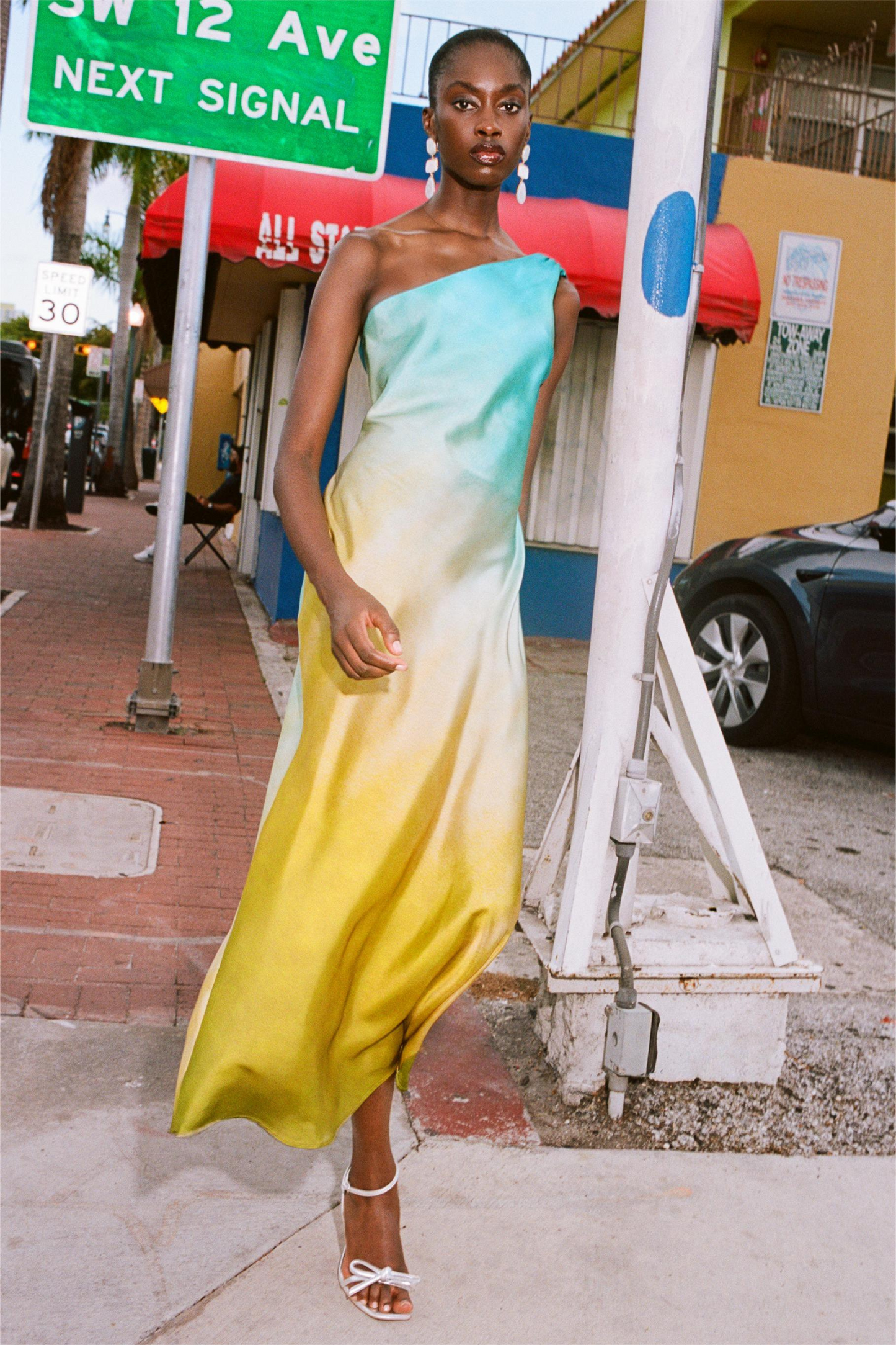 Solana Sunset Ombre One-Shoulder Satin Midi Dress