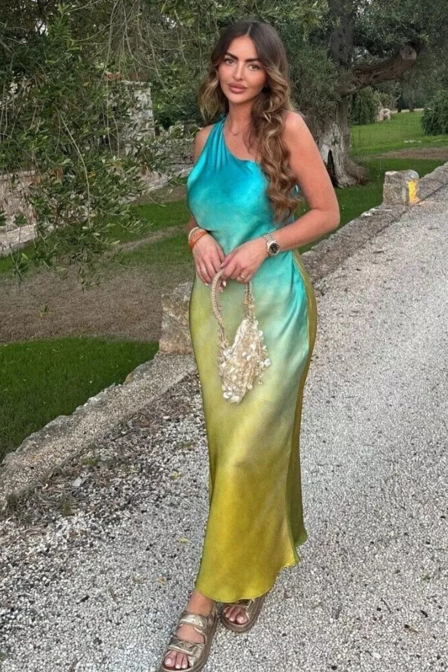 Solana Sunset Ombre One-Shoulder Satin Midi Dress