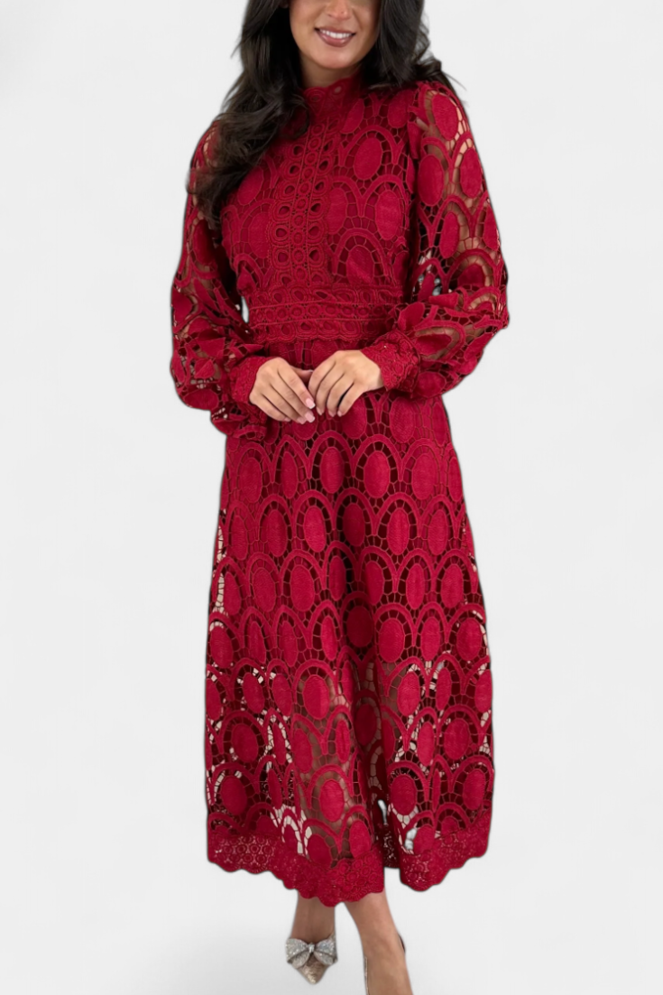 Jovie Embroidered Lace High-Neck Midi Dress
