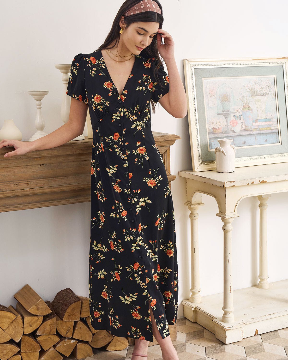 Alexia | V Neck Floral Short Sleeve Maxi Dress - Lora Toronto