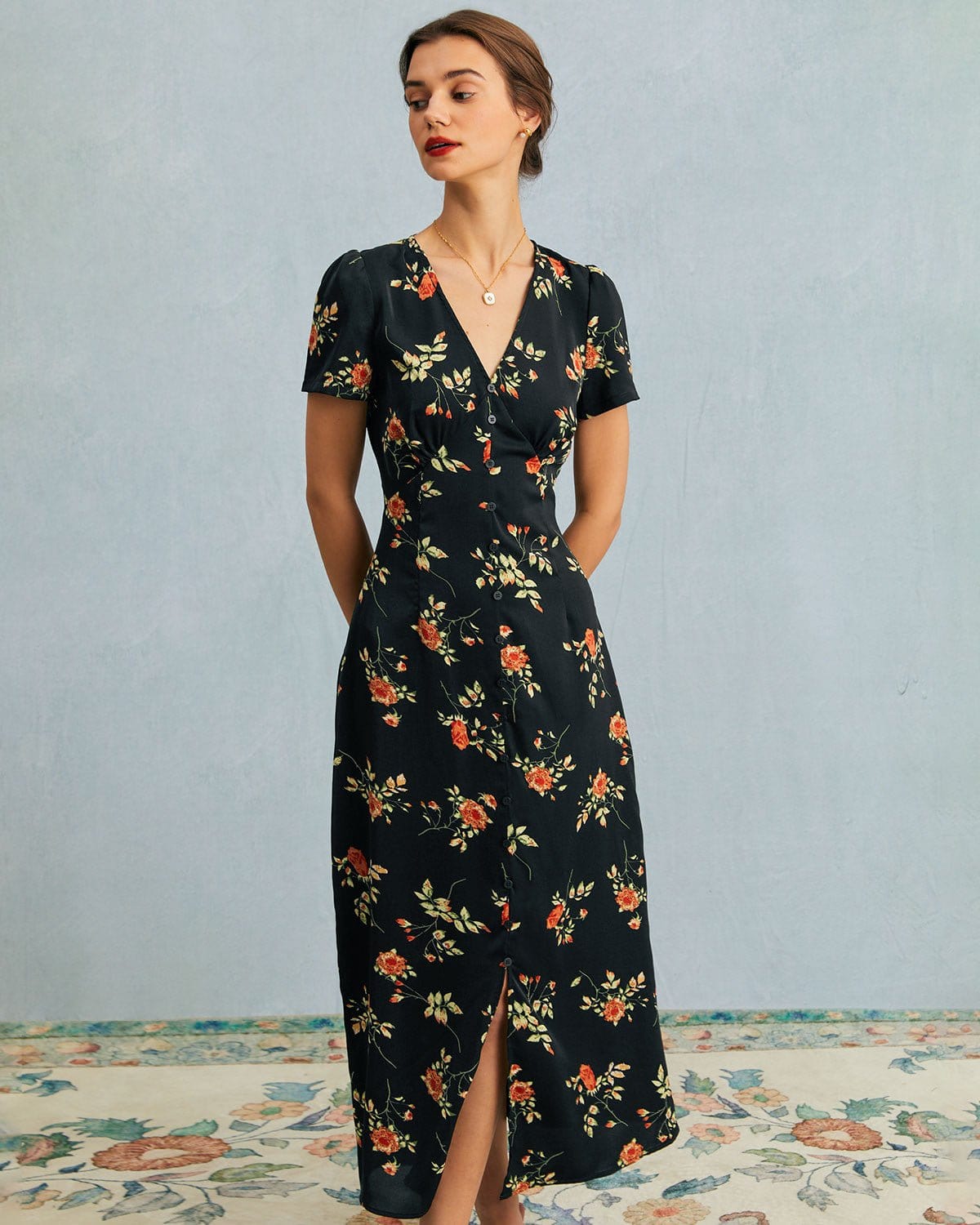 Alexia | V Neck Floral Short Sleeve Maxi Dress - Lora Toronto