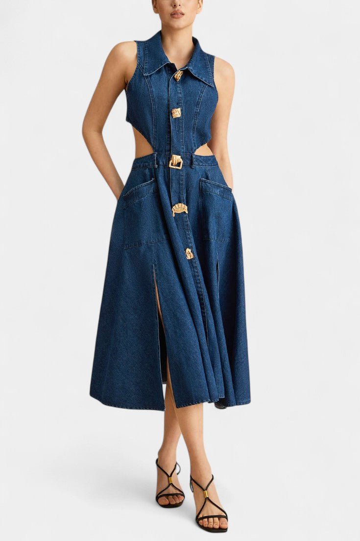 Alia | Cut - Out Sleeveless Lapel Denim Dress - Lora Toronto