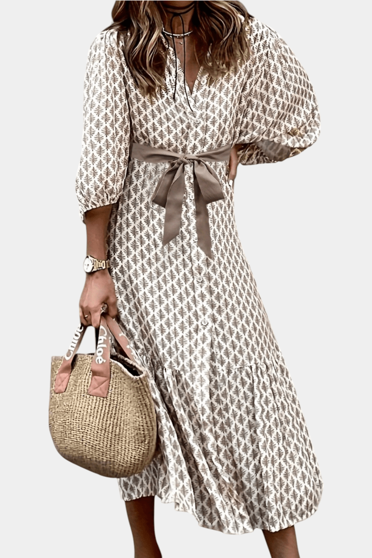 Antonia | Button - Front Tie - Waist Midi Dress - Lora Toronto