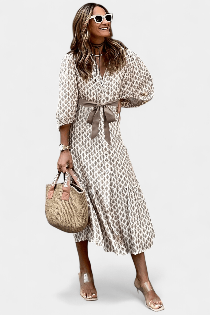 Antonia | Button - Front Tie - Waist Midi Dress - Lora Toronto