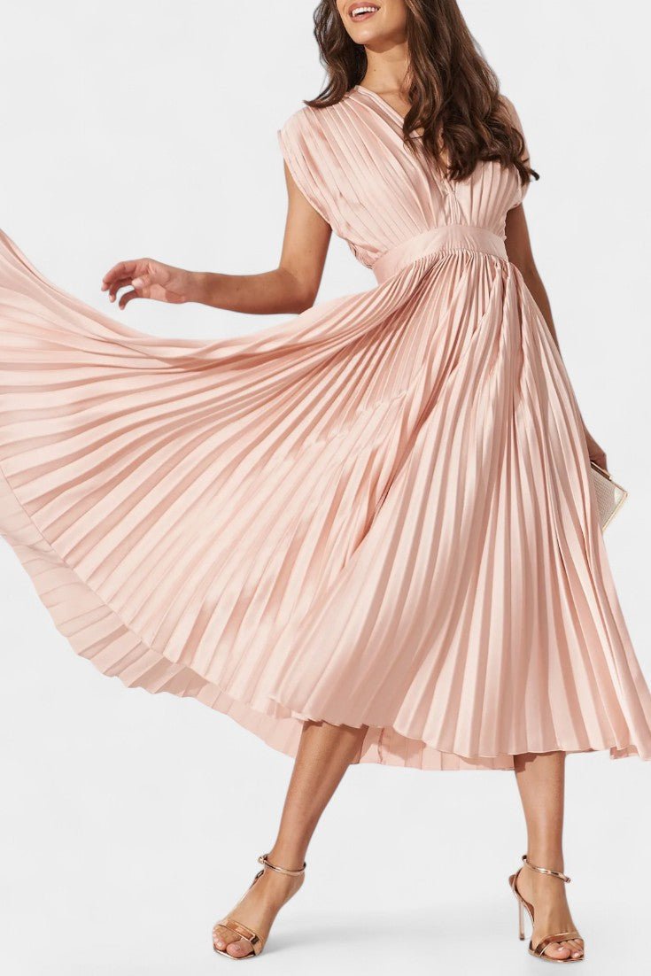 Audrey Pleated V - Neck Midi Dress - Lora Toronto