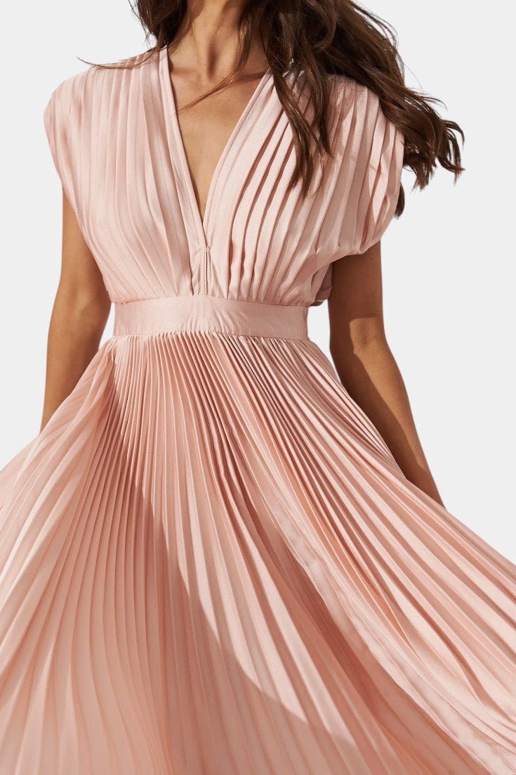 Audrey Pleated V - Neck Midi Dress - Lora Toronto
