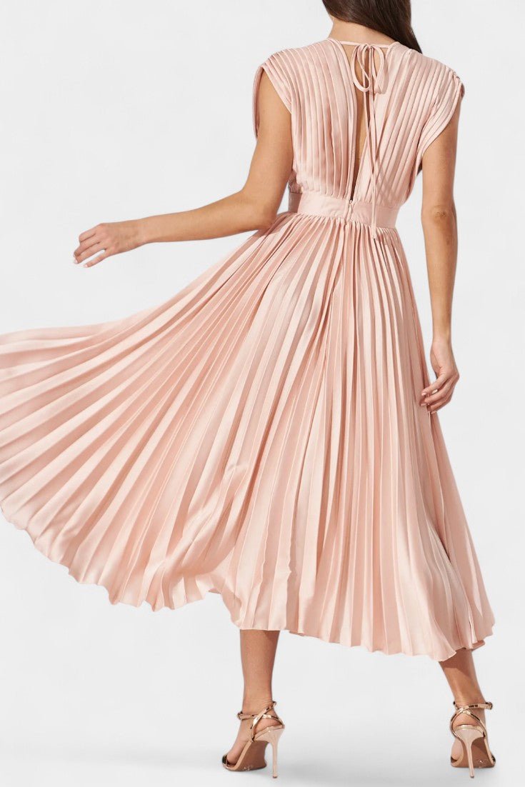 Audrey Pleated V - Neck Midi Dress - Lora Toronto