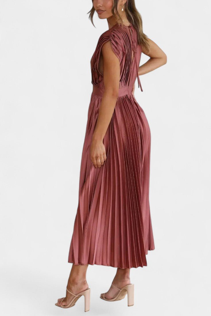 Audrey Pleated V - Neck Midi Dress - Lora Toronto