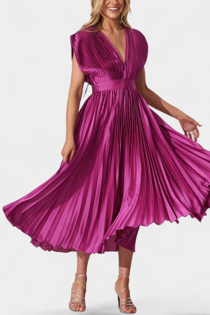 Audrey Pleated V - Neck Midi Dress - Lora Toronto