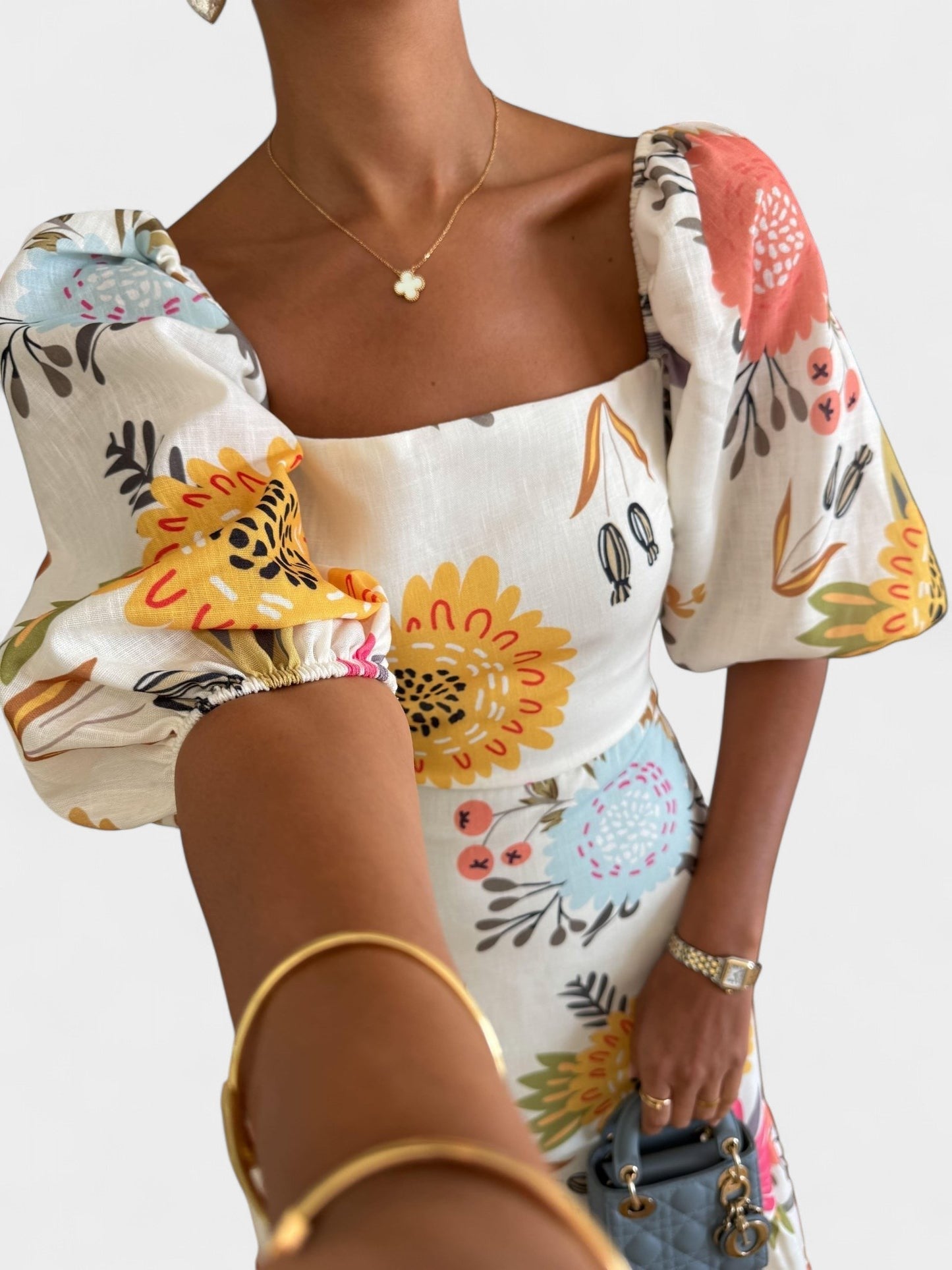 Clara | Square Neck Puff Sleeve Ruffled Dress - Lora Toronto