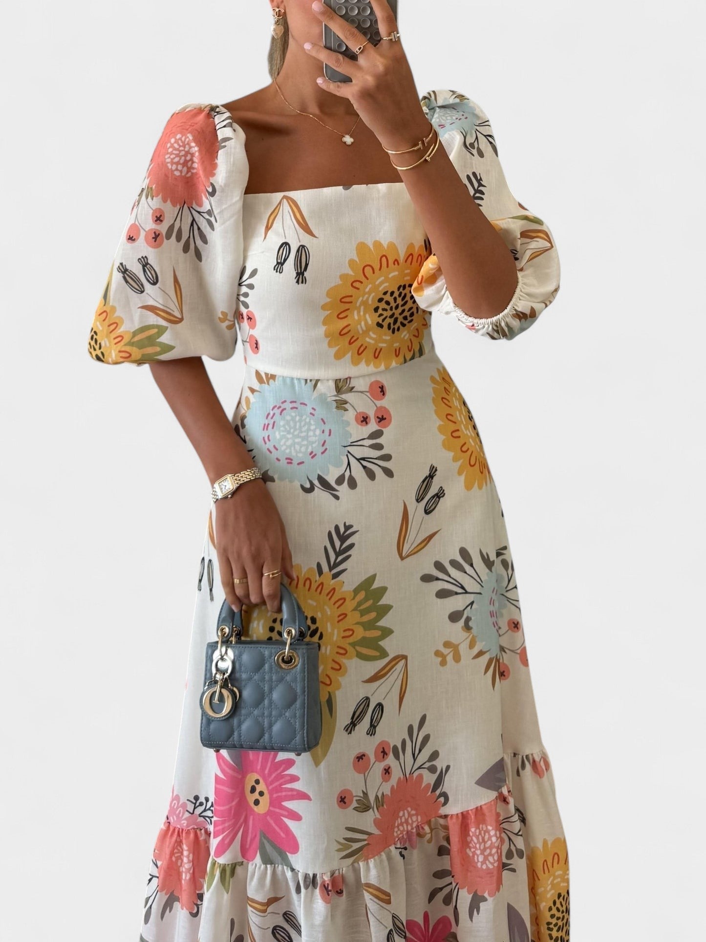 Clara | Square Neck Puff Sleeve Ruffled Dress - Lora Toronto