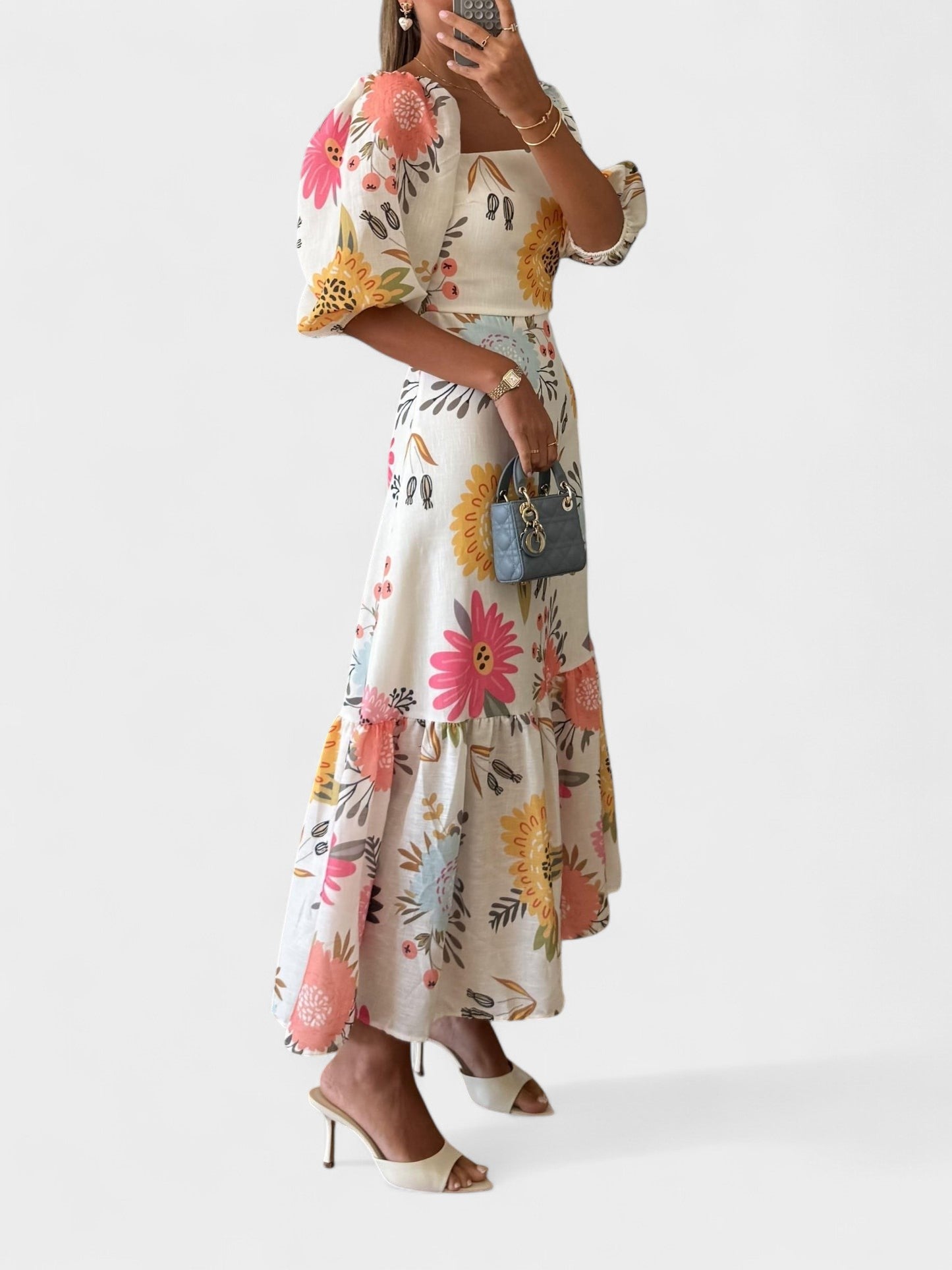 Clara | Square Neck Puff Sleeve Ruffled Dress - Lora Toronto