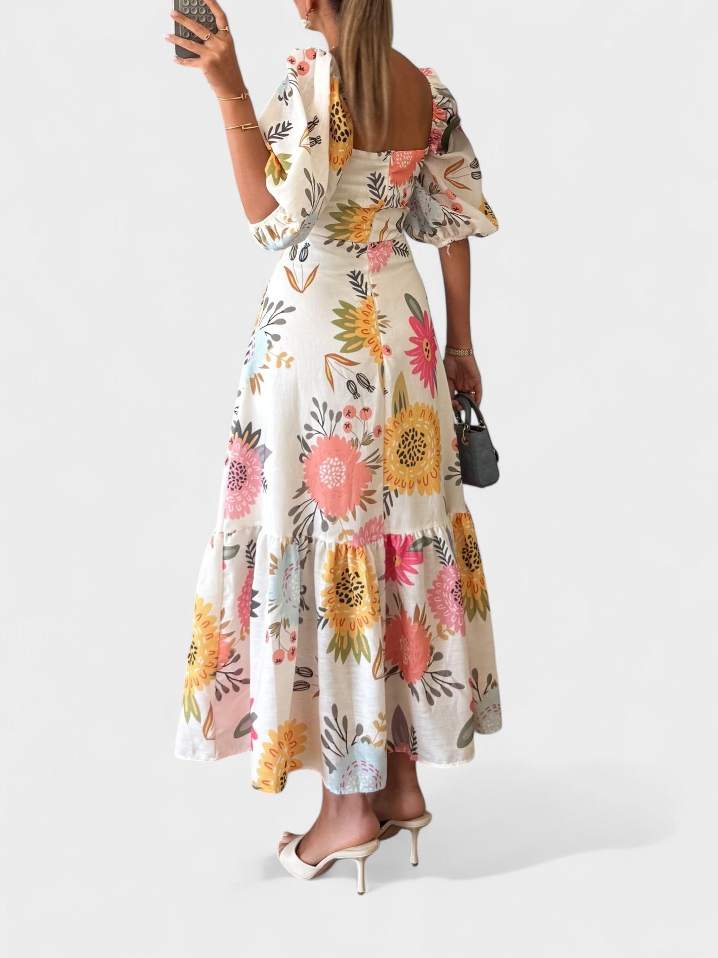 Clara | Square Neck Puff Sleeve Ruffled Dress - Lora Toronto
