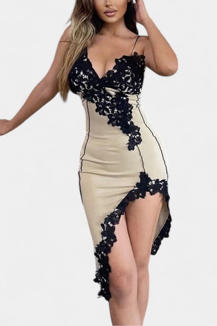 Diana | Asymmetric Lace Panel Midi Dress - Lora Toronto