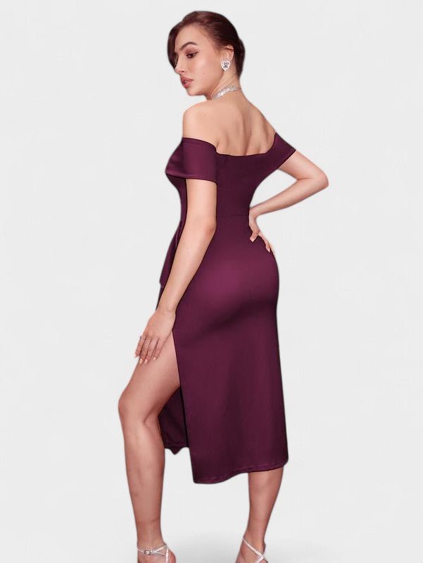 Elara | Draped Off - the - Shoulder Satin Midi Dress - Lora Toronto