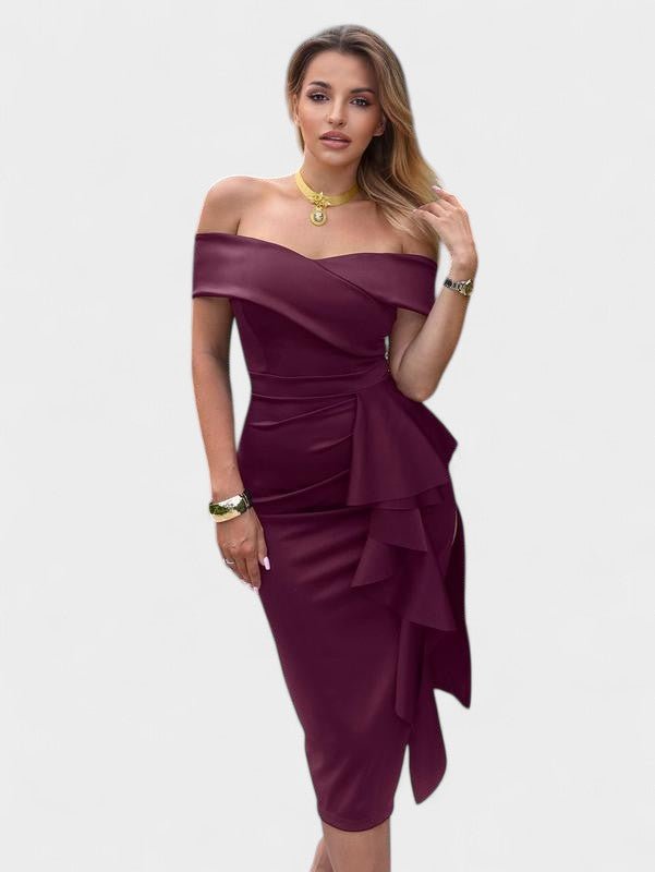 Elara | Draped Off - the - Shoulder Satin Midi Dress - Lora Toronto
