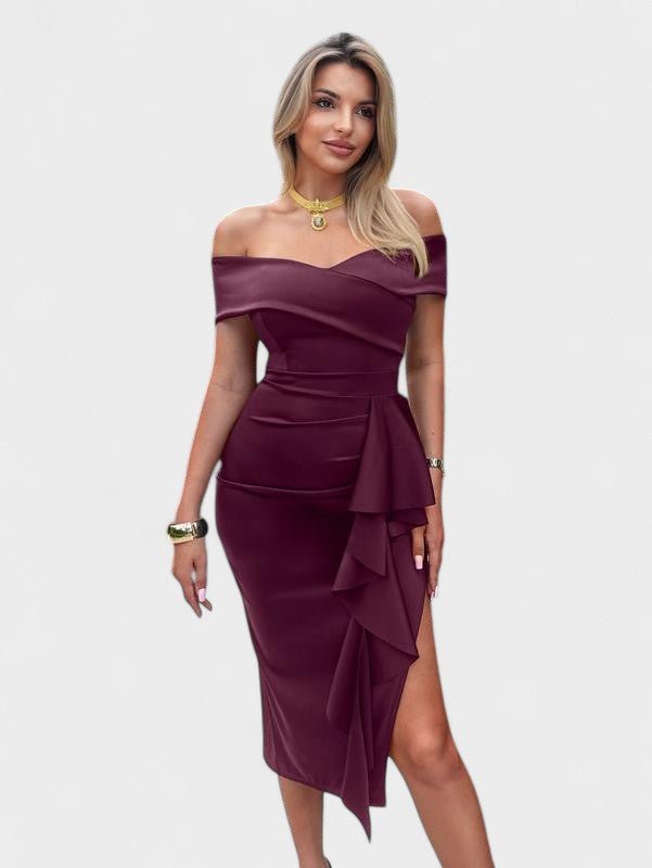 Elara | Draped Off - the - Shoulder Satin Midi Dress - Lora Toronto