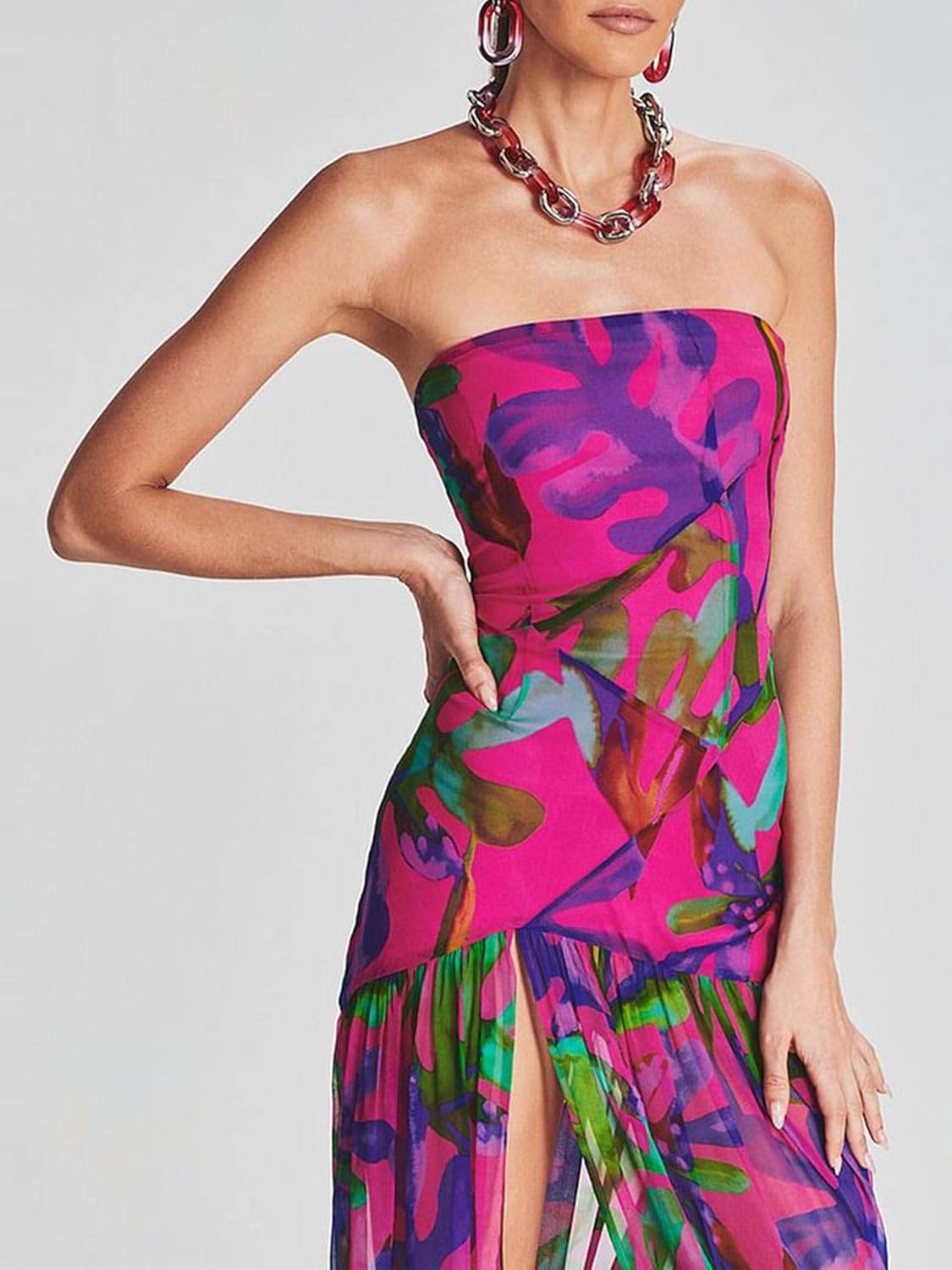 Elena | Strapless Mesh Patchwork Midi Dress - Lora Toronto