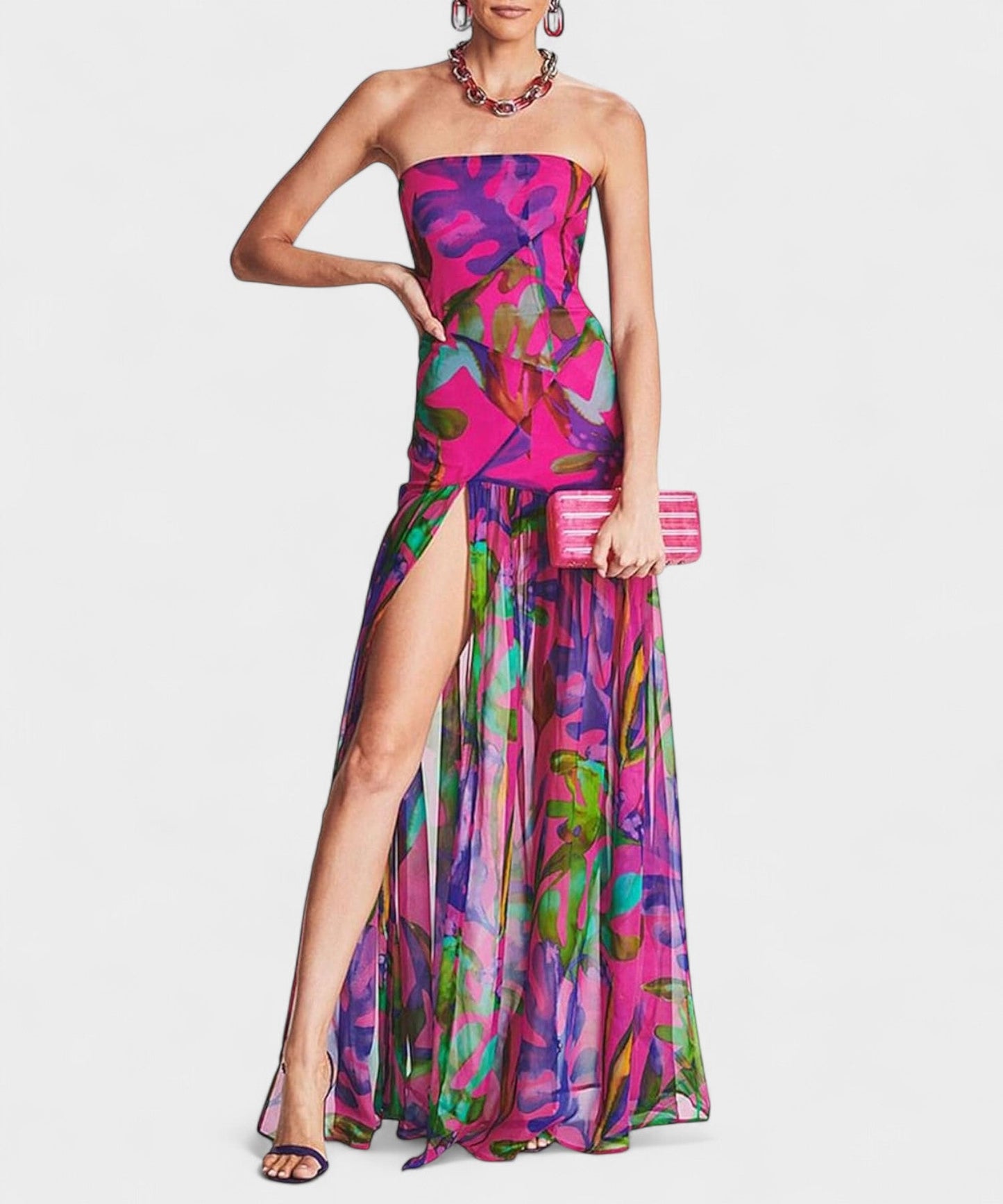 Elena | Strapless Mesh Patchwork Midi Dress - Lora Toronto