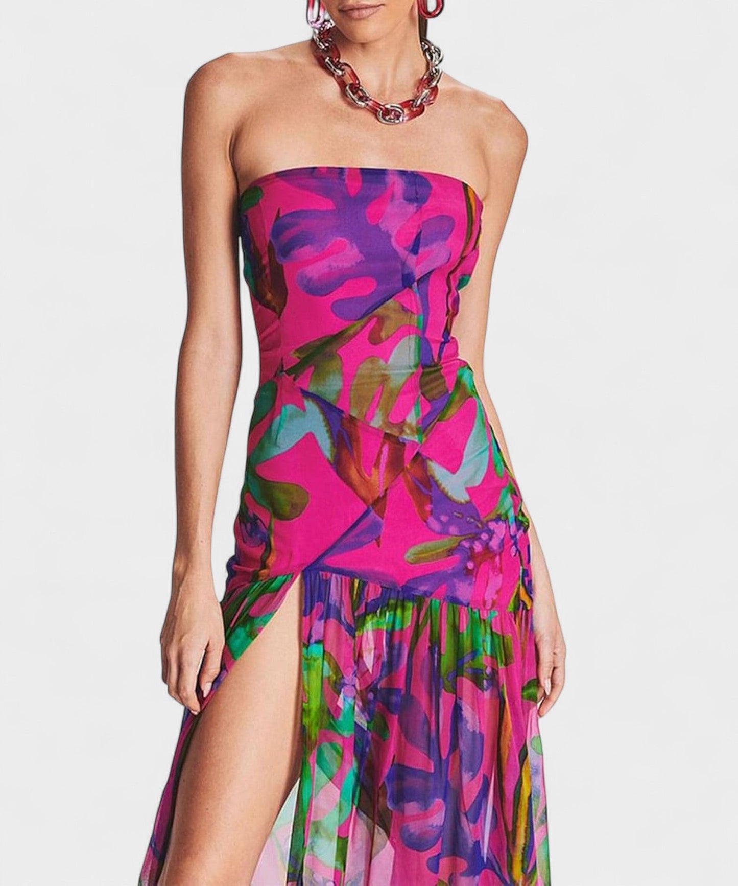 Elena | Strapless Mesh Patchwork Midi Dress - Lora Toronto