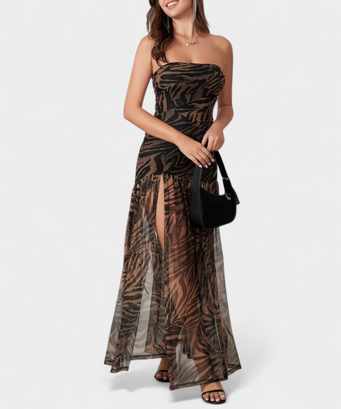 Elena | Strapless Mesh Patchwork Midi Dress - Lora Toronto