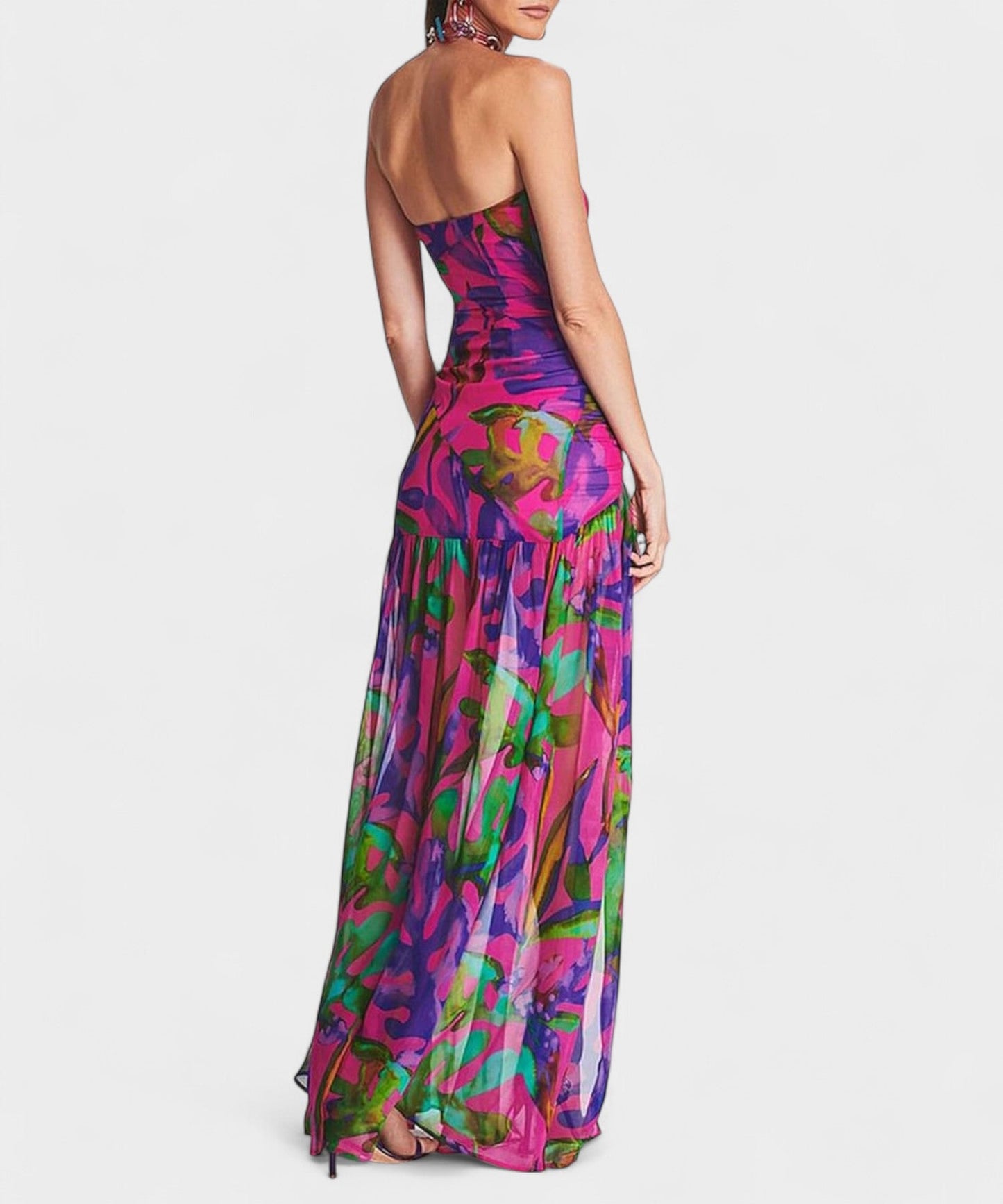 Elena | Strapless Mesh Patchwork Midi Dress - Lora Toronto