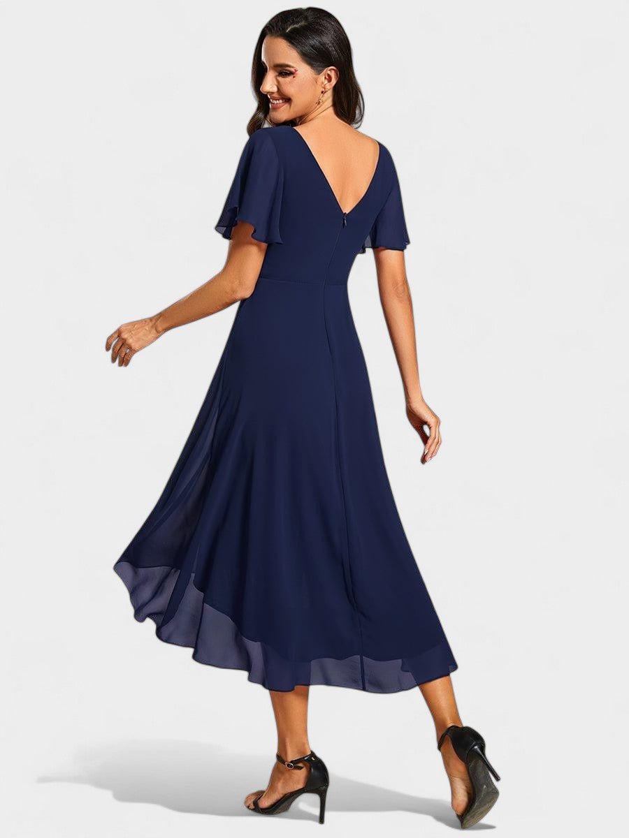 Elena | V - Neck High - Low Chiffon Midi Dress - Lora Toronto