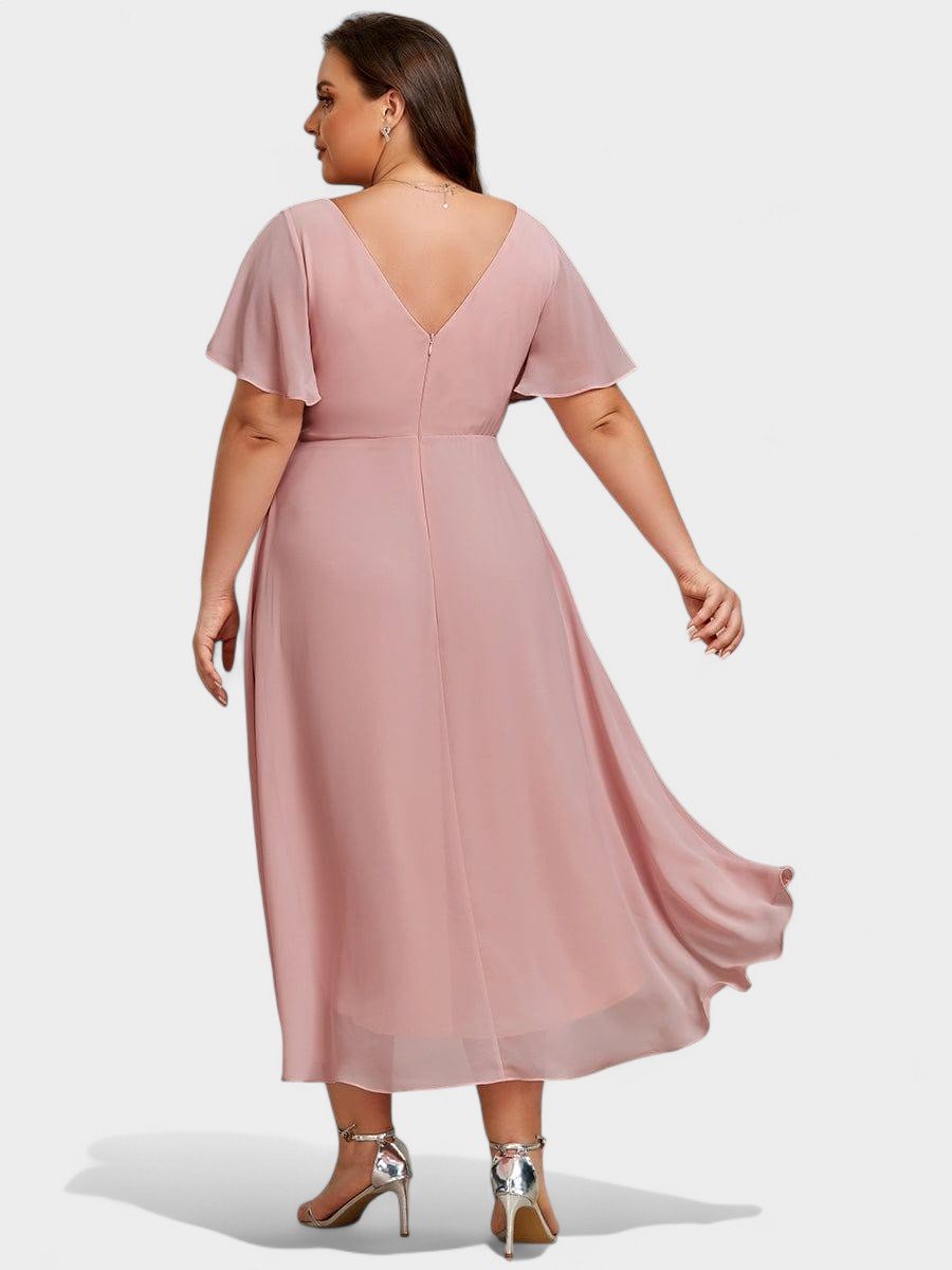 Elena | V - Neck High - Low Chiffon Midi Dress - Lora Toronto