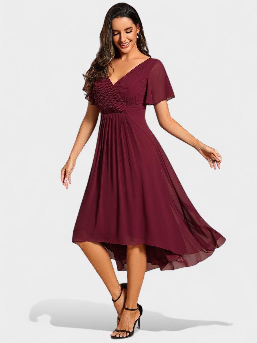 Elena | V - Neck High - Low Chiffon Midi Dress - Lora Toronto