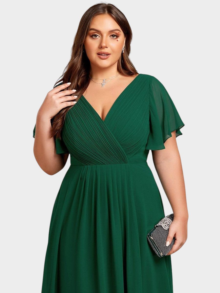 Elena | V - Neck High - Low Chiffon Midi Dress - Lora Toronto