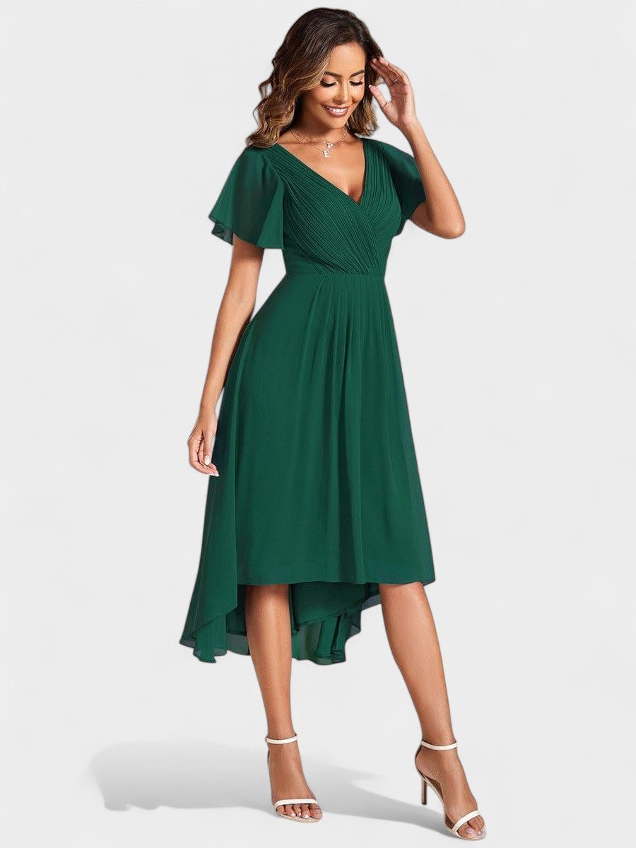 Elena | V - Neck High - Low Chiffon Midi Dress - Lora Toronto