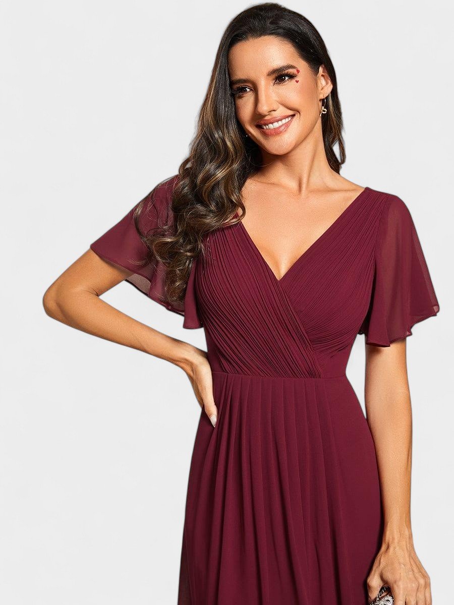 Elena | V - Neck High - Low Chiffon Midi Dress - Lora Toronto