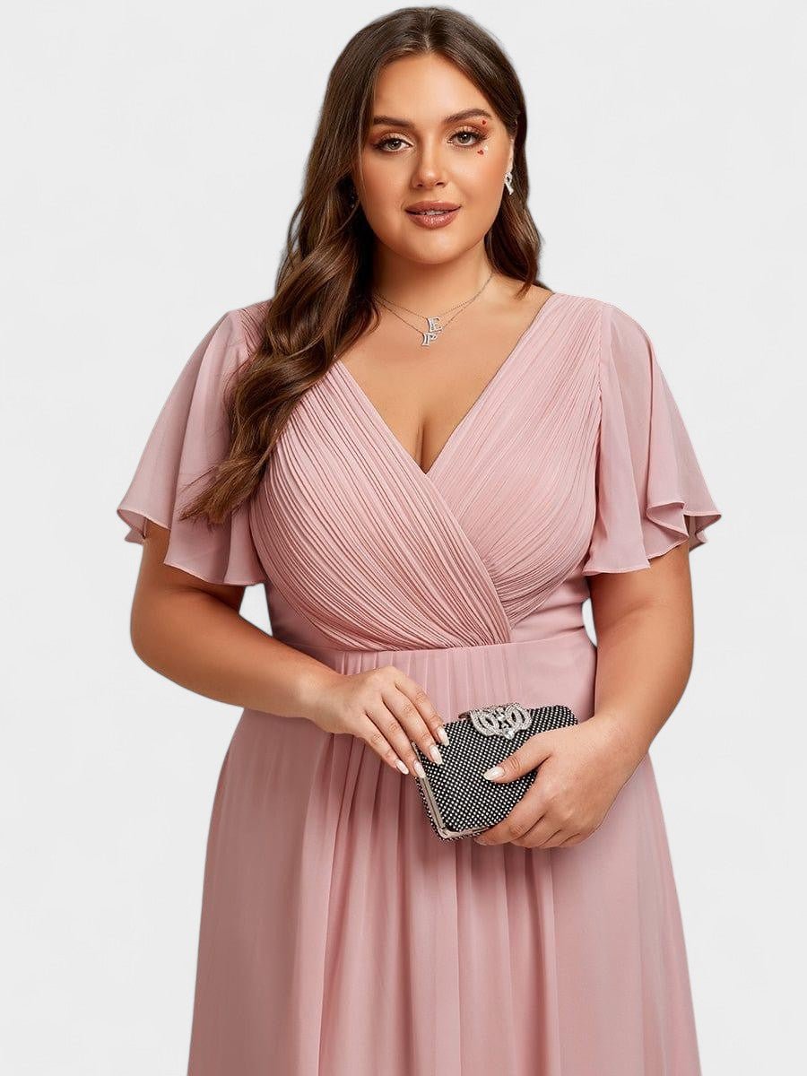 Elena | V - Neck High - Low Chiffon Midi Dress - Lora Toronto