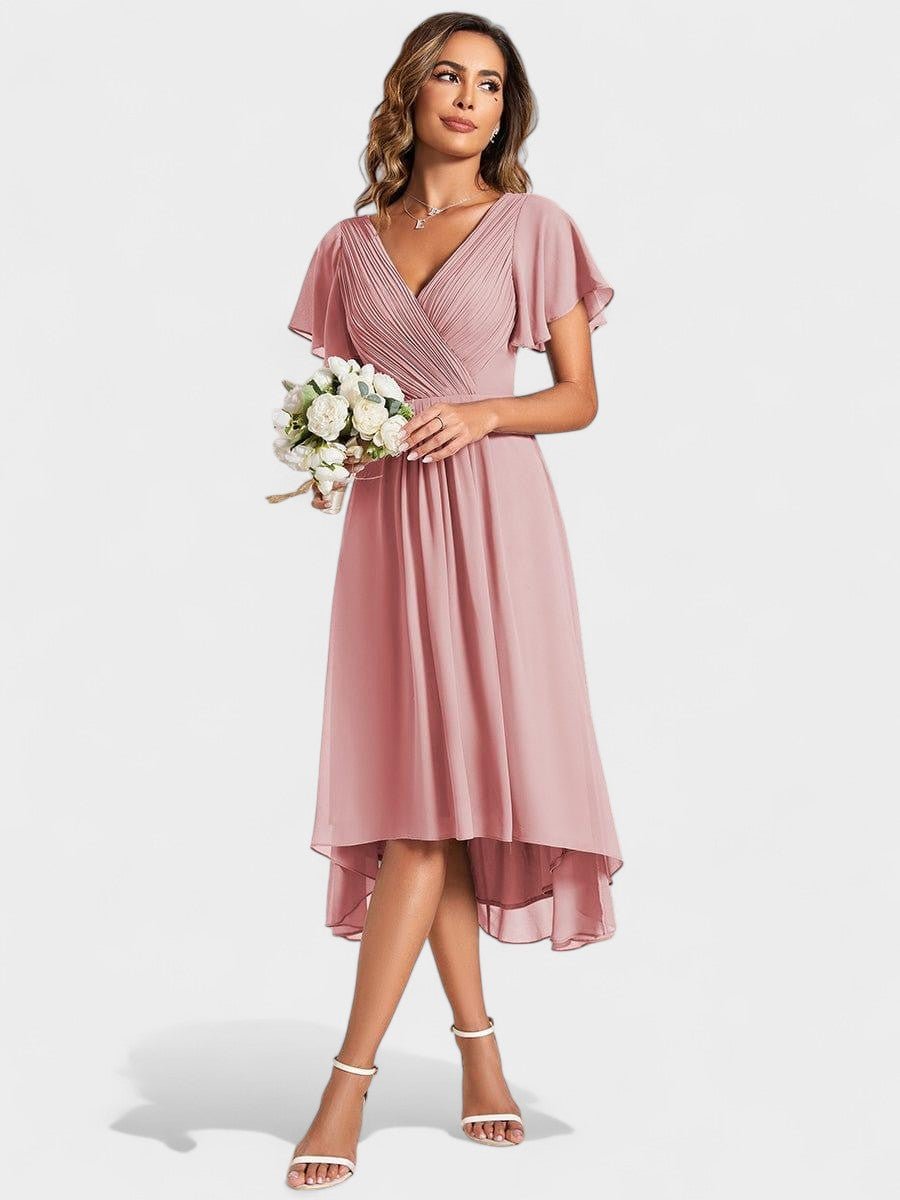 Elena | V - Neck High - Low Chiffon Midi Dress - Lora Toronto