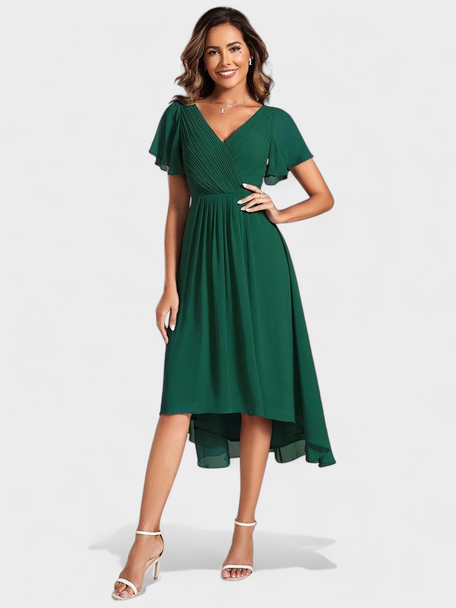 Elena | V - Neck High - Low Chiffon Midi Dress - Lora Toronto