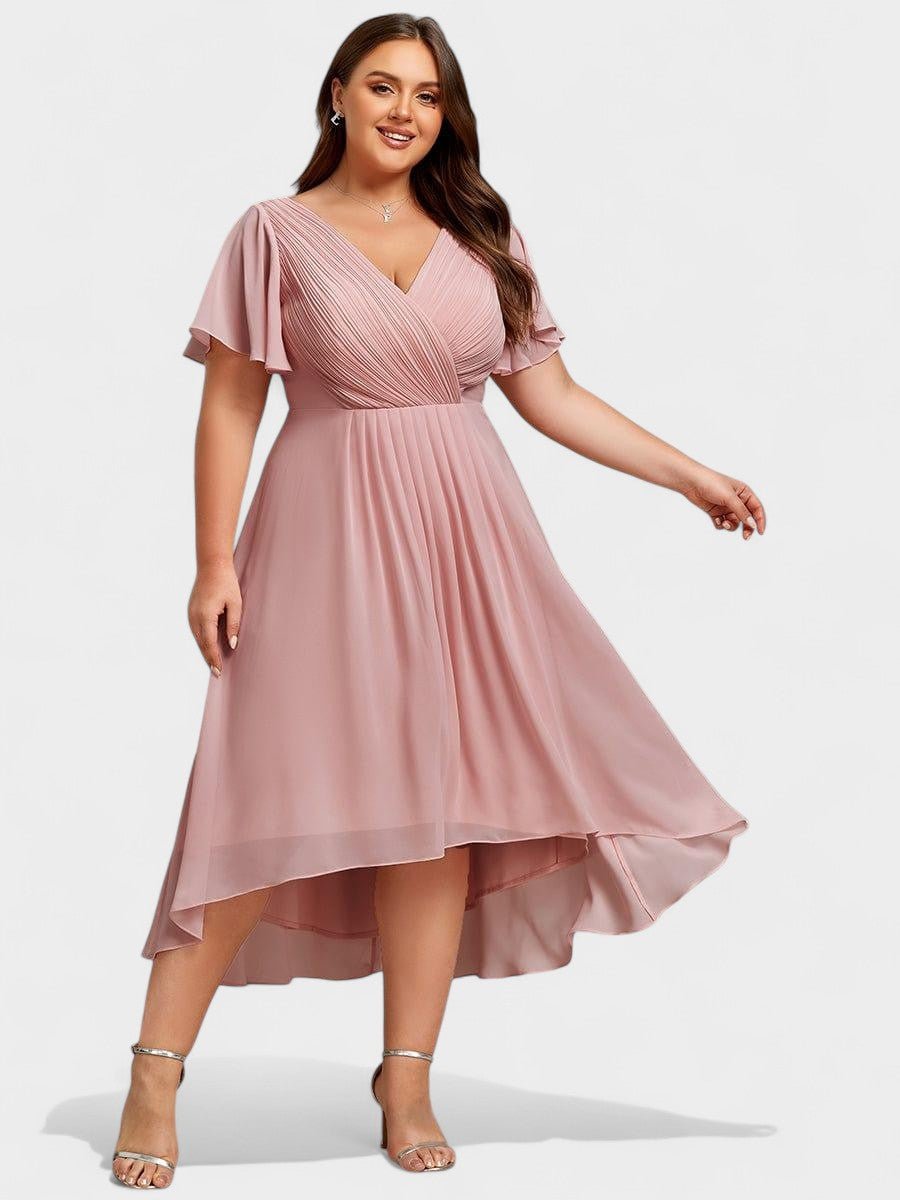 Elena | V - Neck High - Low Chiffon Midi Dress - Lora Toronto