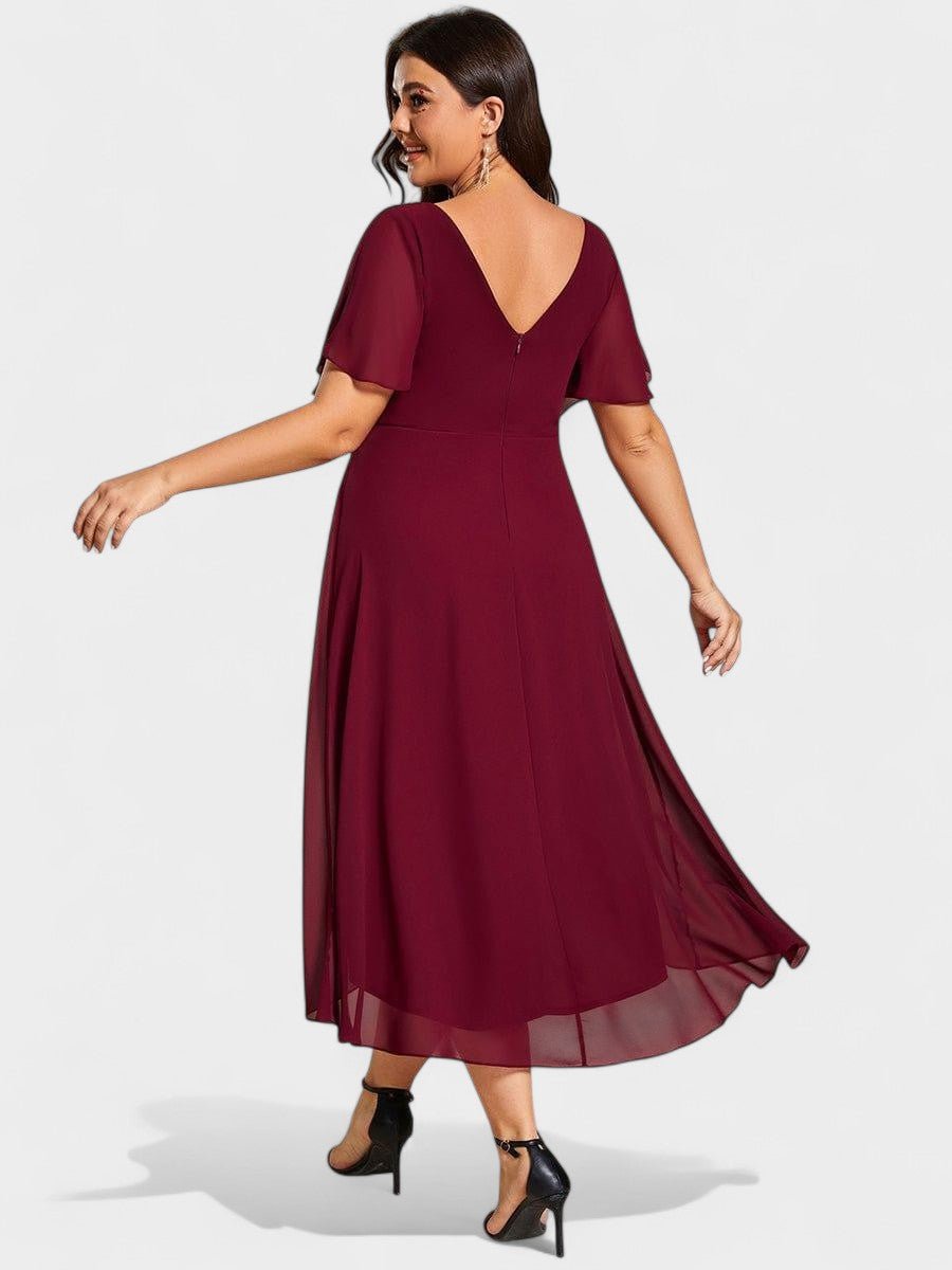 Elena | V - Neck High - Low Chiffon Midi Dress - Lora Toronto