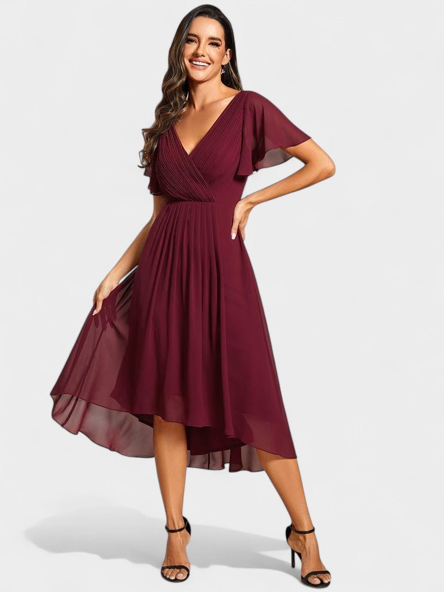 Elena | V - Neck High - Low Chiffon Midi Dress - Lora Toronto