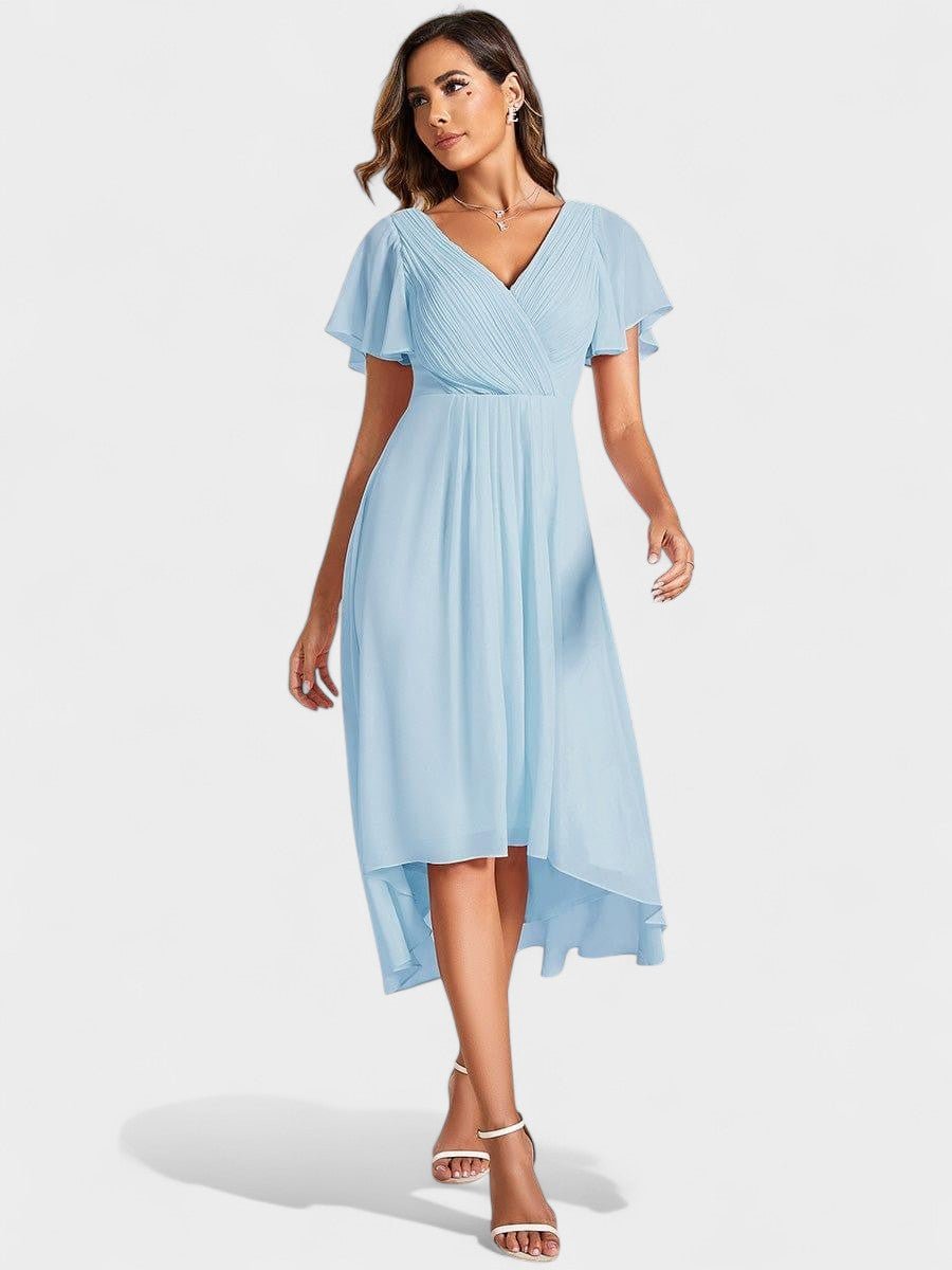Elena | V - Neck High - Low Chiffon Midi Dress - Lora Toronto