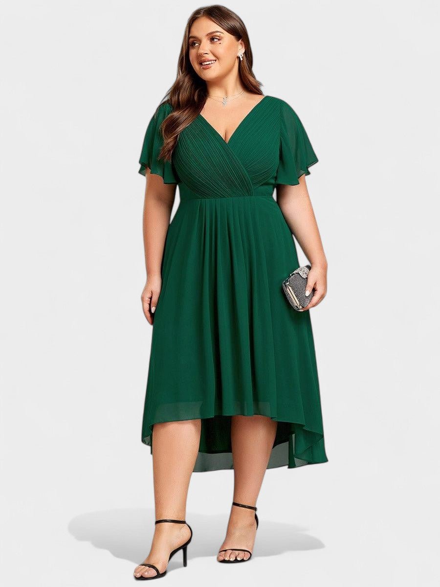 Elena | V - Neck High - Low Chiffon Midi Dress - Lora Toronto