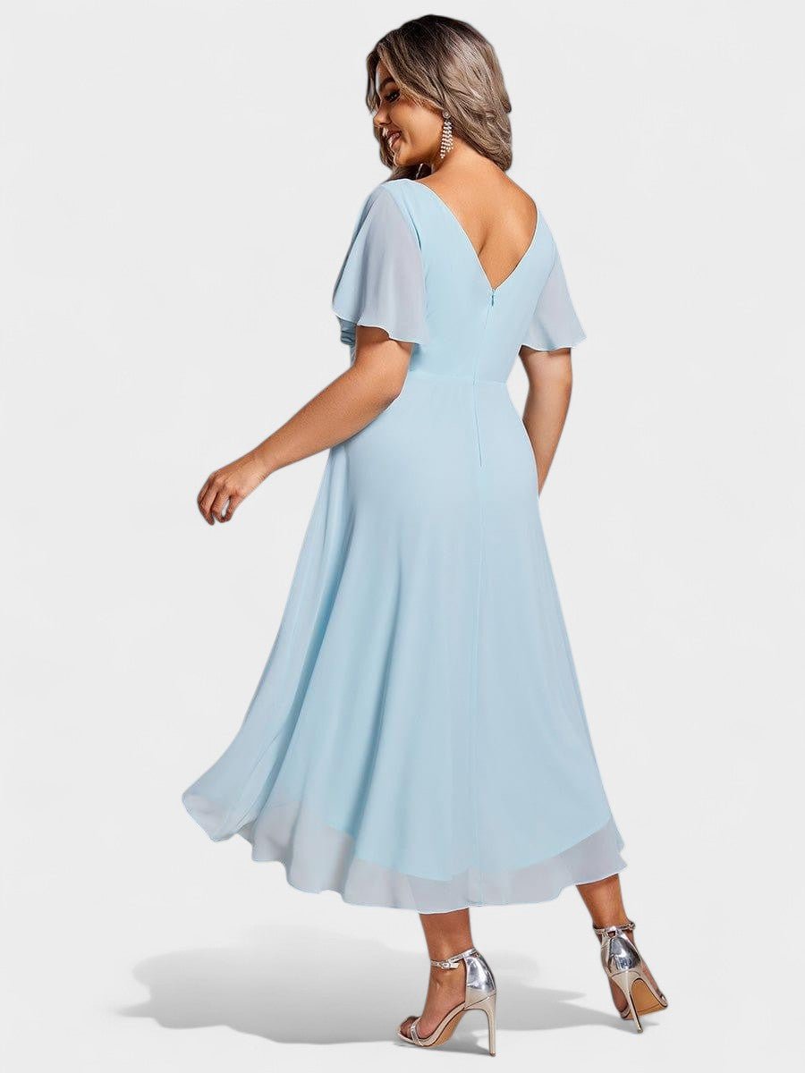 Elena | V - Neck High - Low Chiffon Midi Dress - Lora Toronto