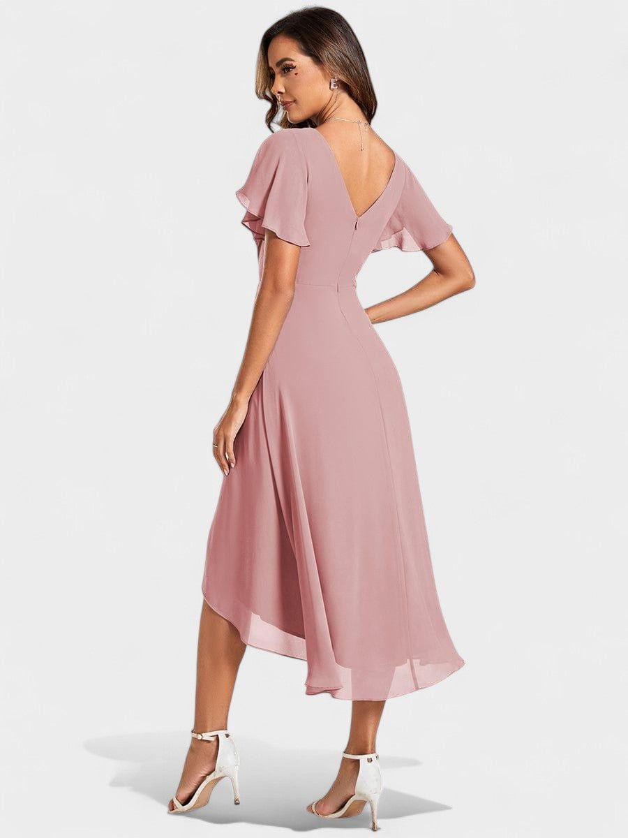 Elena | V - Neck High - Low Chiffon Midi Dress - Lora Toronto