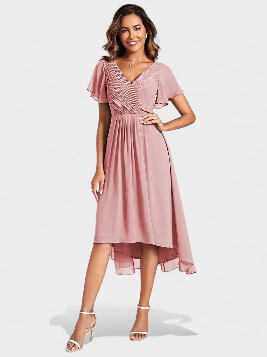 Elena | V - Neck High - Low Chiffon Midi Dress - Lora Toronto