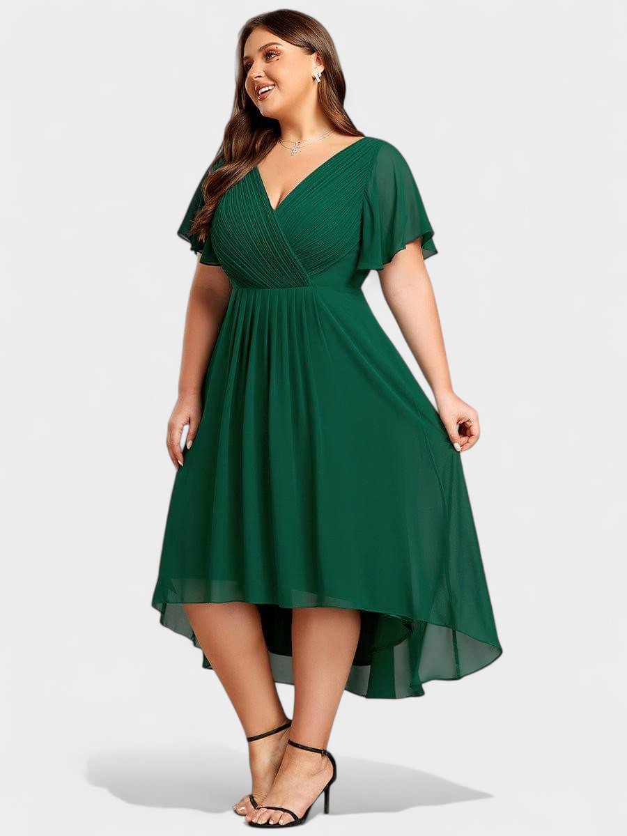 Elena | V - Neck High - Low Chiffon Midi Dress - Lora Toronto